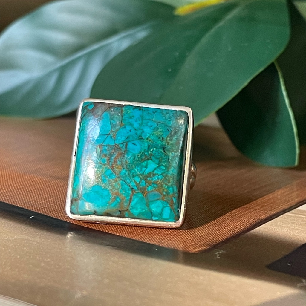Statement Ring For Her 925 Sterling Silver Natural Chrysocolla Ring Size Us7,8